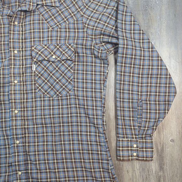 Vintage Levis Button Shirt Men's Large Plaid Pearl Snap Western Retro Blue Tag - Picture 4 of 13